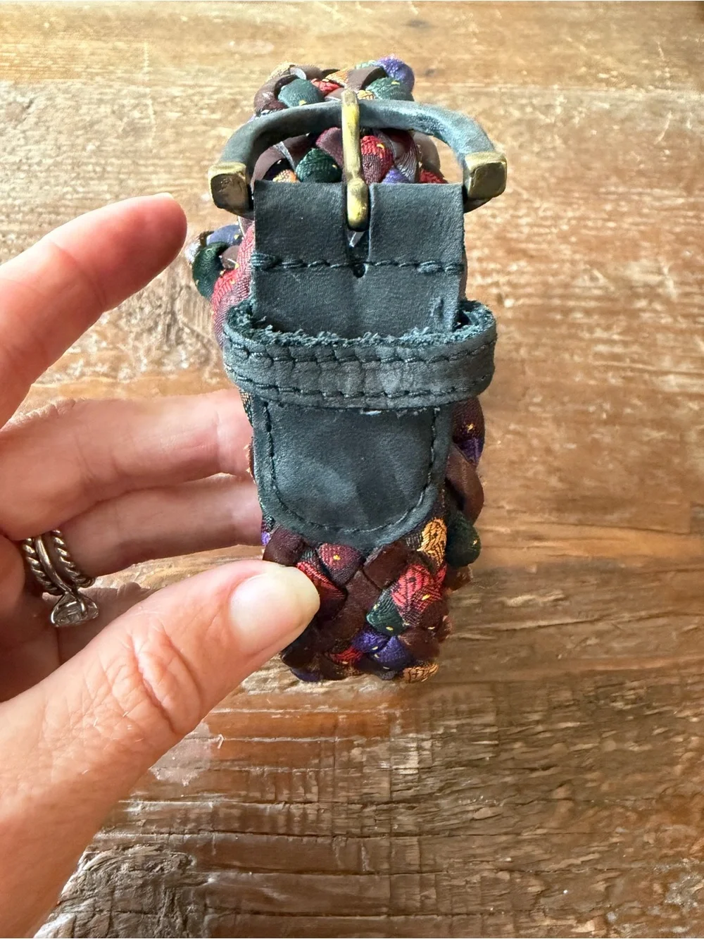Colorful Braided Fabric Belt with Leather Tab